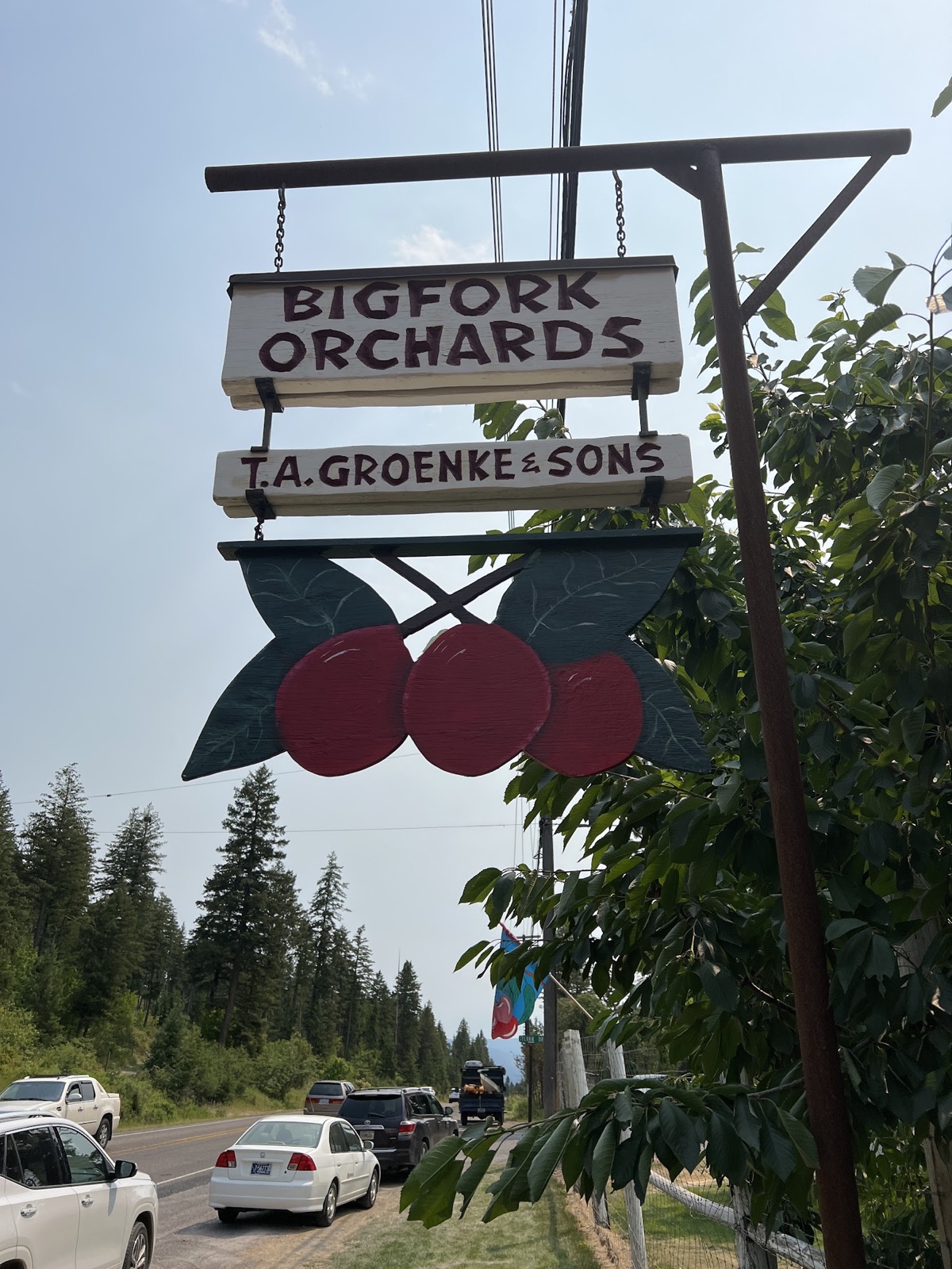 Hand-painted Bigfork Orchards T.A. Groenke and Sons entrance sign